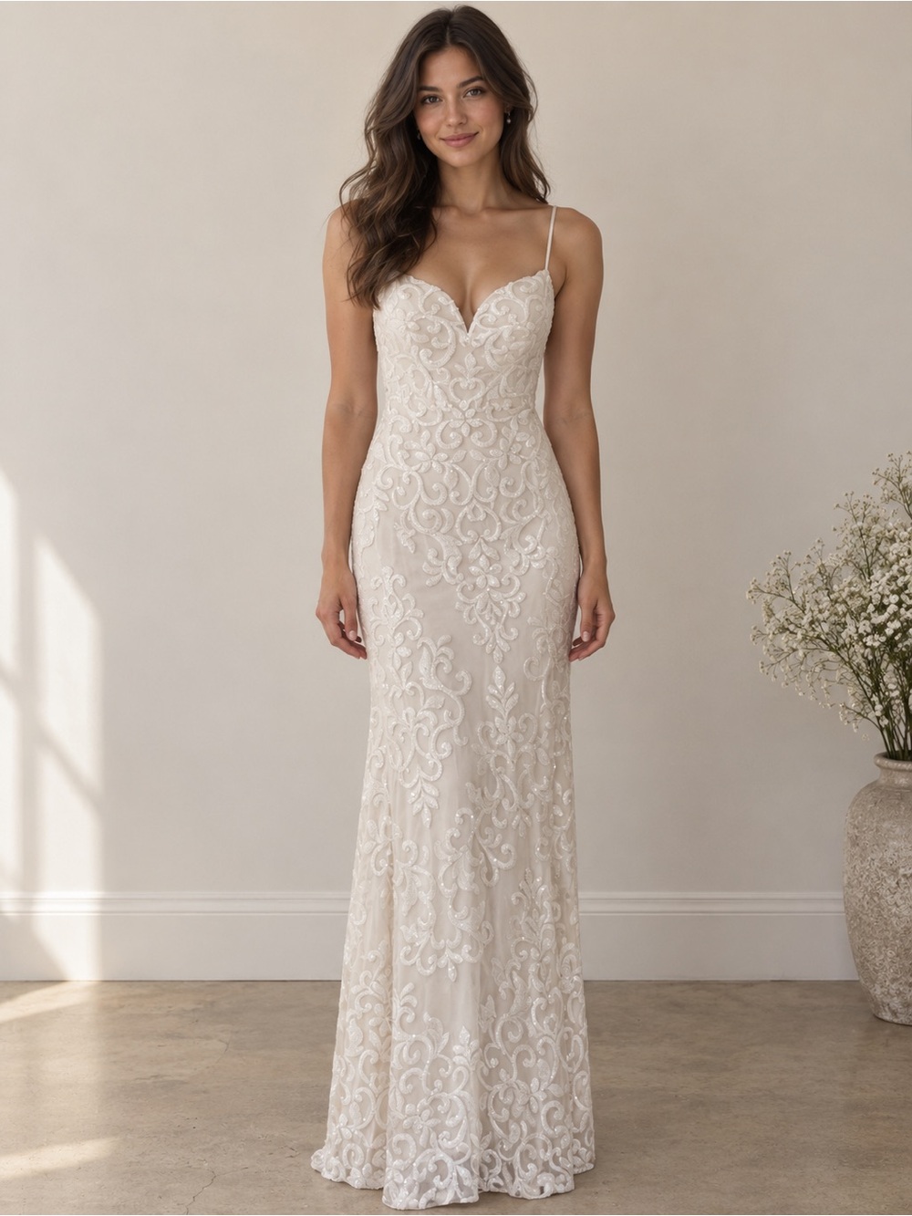 Emilia Lace Spaghetti-Strap Wedding Dress in Ivory